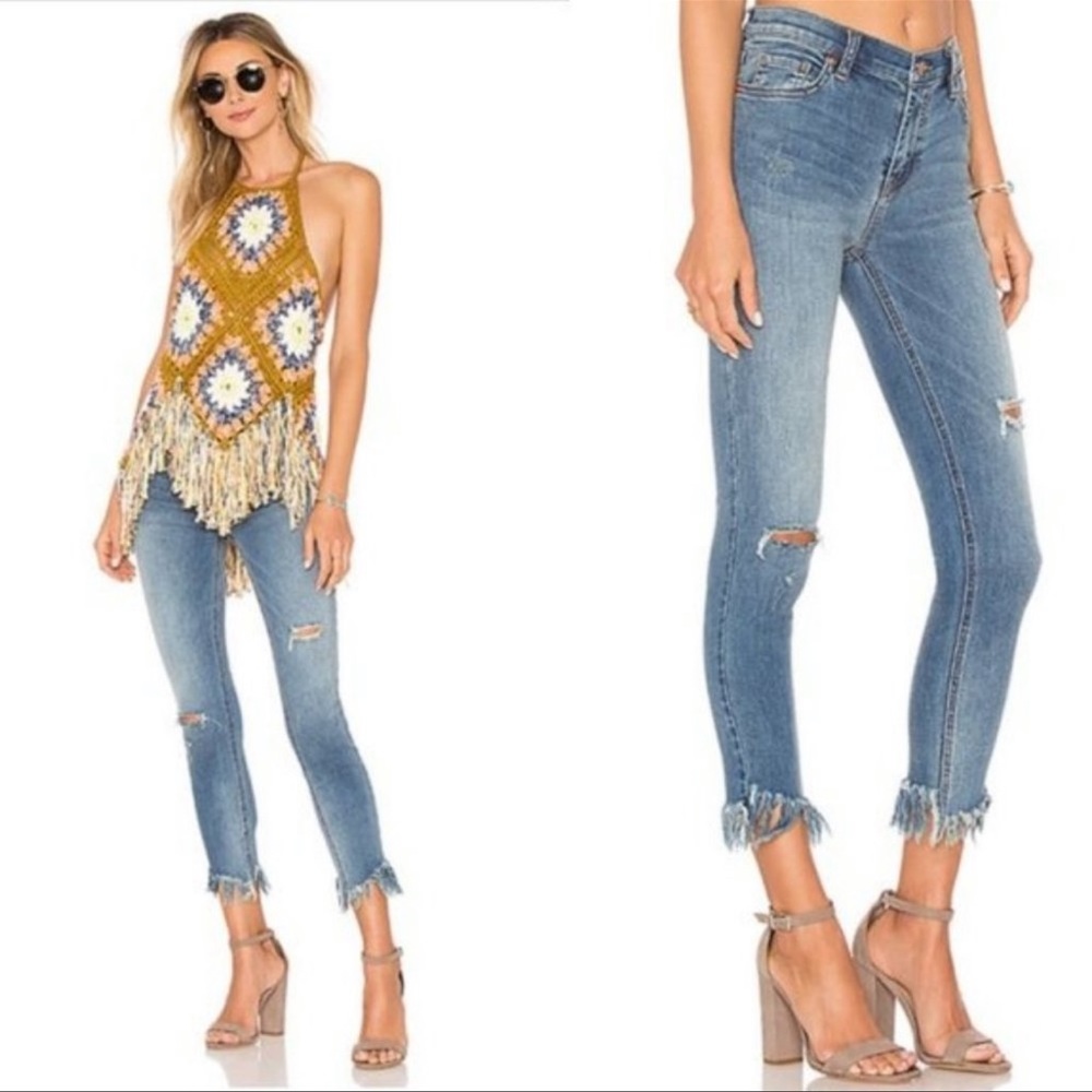 Free People Great Heights Frayed Fringe Hem Skinny Jeans, Hi Rise, Size 30